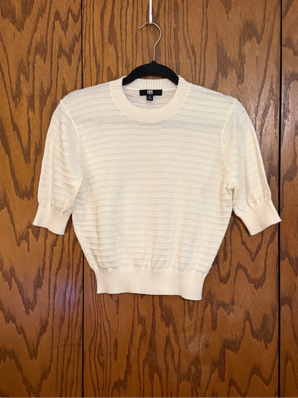 Frye Ivory Short Sleeve Knit Sweater Womens Medium Cotton Ribbed Crew Neck